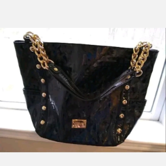 Michael Kors DELANCY Large Shoulder Tote Studded Bag Black Logo Monogram ** - Picture 1 of 7